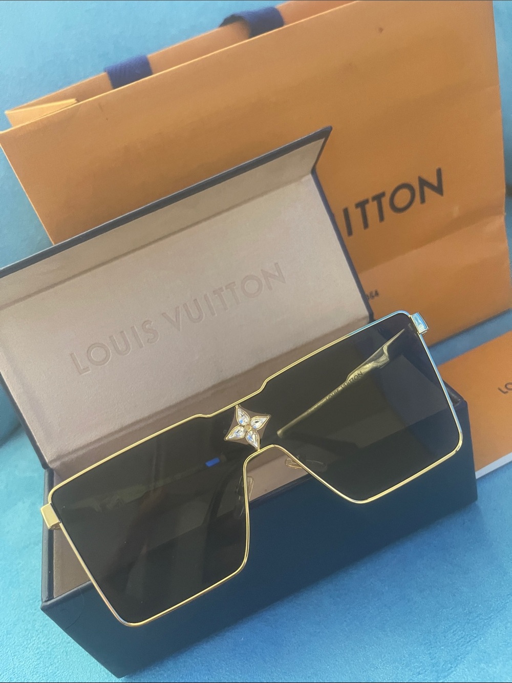Louis Vuitton Gold Frame Black Lens Shield Sunglasses with Star Motif